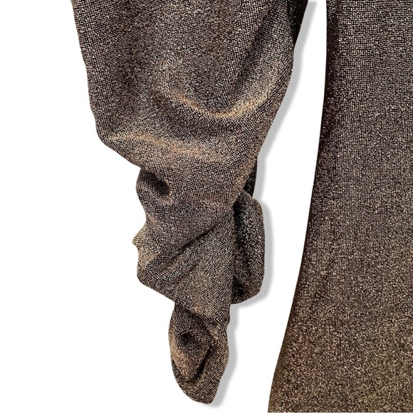 Reformation Rahm Ruched Puff Sleeve Midi Dress in Bronze Sparkle | Size XS - Picture 13 of 16